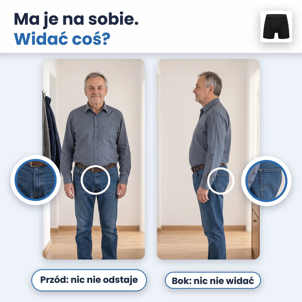 Mężczyzna 67 lat w zwykłych dżinsach z przodu i z boku – pod spodniami nie widać bokserek BokSafe