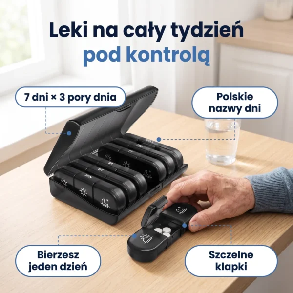 Organizer na leki LekSafe na 7 dni z 3 porami dnia i polskimi nazwami dni na kuchennym stole