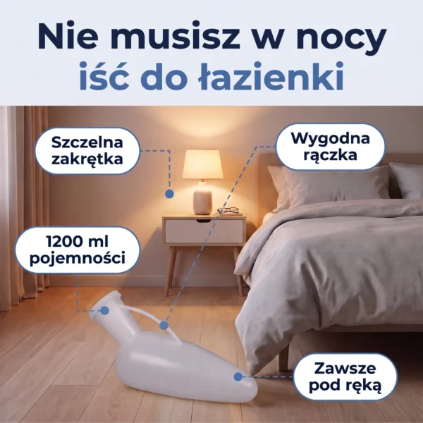 Męska kaczka UroSafe 1200 ml z rączką leży na podłodze przy łóżku w sypialni
