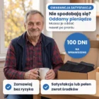 Mężczyzna 67 lat z herbatą przy kuchennym stole, obok otwarta paczka z dwiema parami bokserek BokSafe – gwarancja satysfakcji 100 dni