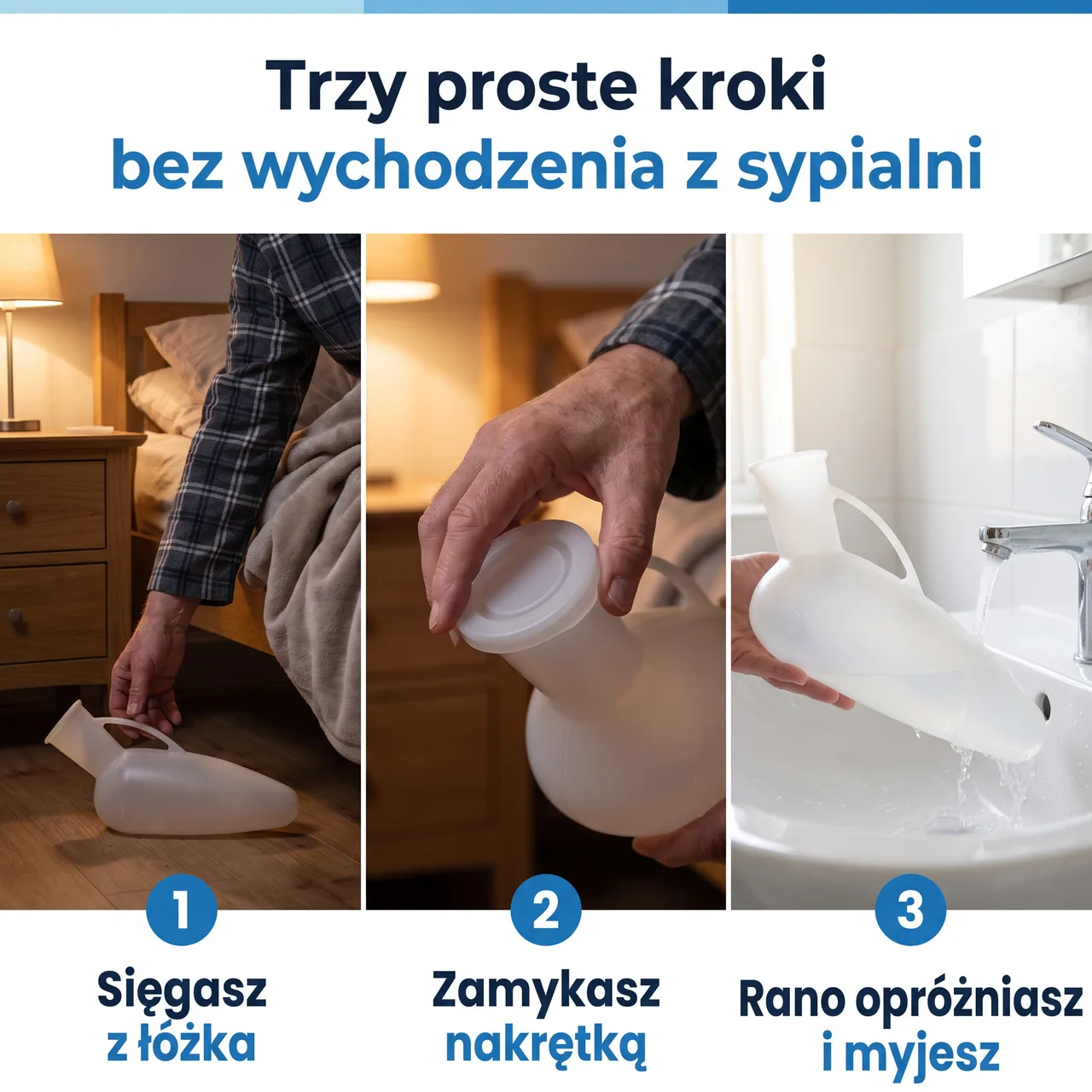 Trzy kroki: sięgasz po kaczkę UroSafe z łóżka, zamykasz nakrętką, rano opróżniasz i myjesz