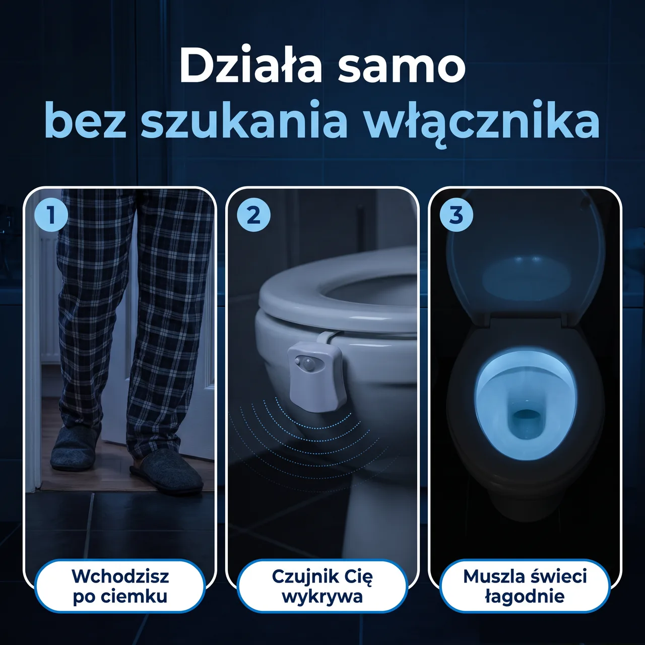 Trzy kroki: wchodzisz po ciemku, czujnik lampki LumiNoc Cię wykrywa, muszla świeci łagodnie