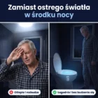 Porównanie: ostre światło z sufitu oślepia w nocy, a LumiNoc świeci łagodnie z wnętrza muszli