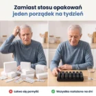 Porównanie: stos opakowań leków i porządek na cały tydzień w organizerze LekSafe