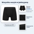Specyfikacja BokSafe: bawełna przy skórze, wszyta warstwa chłonna do 200 ml, warstwa nieprzemakalna, szeroka gumka, pranie do 40°C