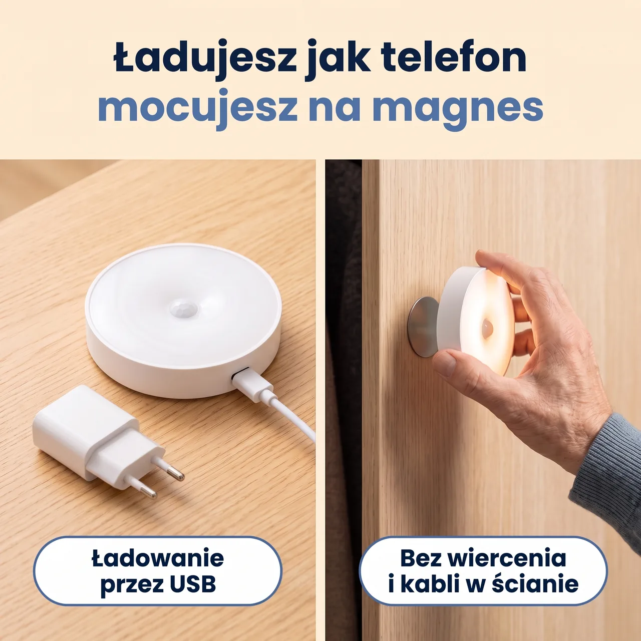 Lampka LumiKrok ładowana przez USB i mocowana na magnes, bez wiercenia